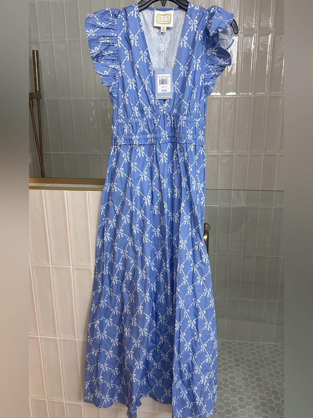 Sail to Sable Blue Maxi Dress with White Bow Print